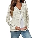 MakeMeChic Women's Maternity Cardigan Crochet Tie V Neck Long Sleeve Pregnancy Sweaters