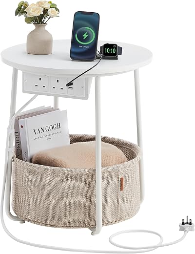 VASAGLE Round Side Table with Charging Station 2 USB 2 AC Outlets Matte White