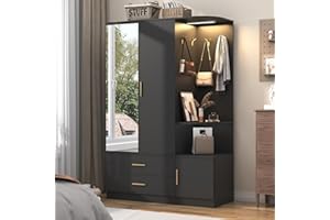 XVD Armoire Wardrobe Closet with Mirror and Sensor Light, Bedroom Armoire with 3 Doors 2 Drawers, Modern Wooden Large Wardrobe Closet with Shelves, 4 Hooks, 2 Hanging Rods, Open Space, Black