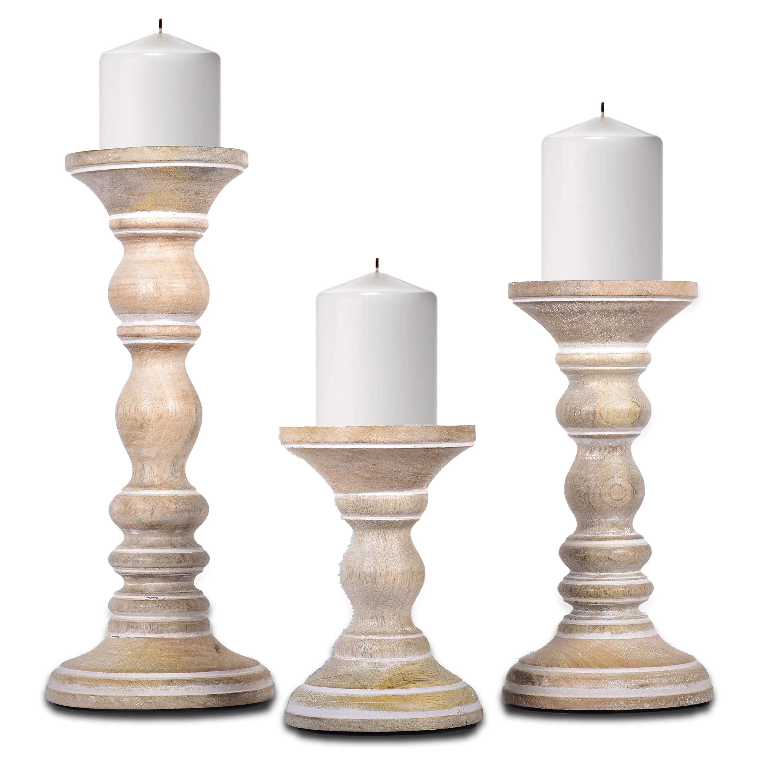 Mela Artisans Whitewash Wood Candle Holders for Pillar Candles Set of 3 ...