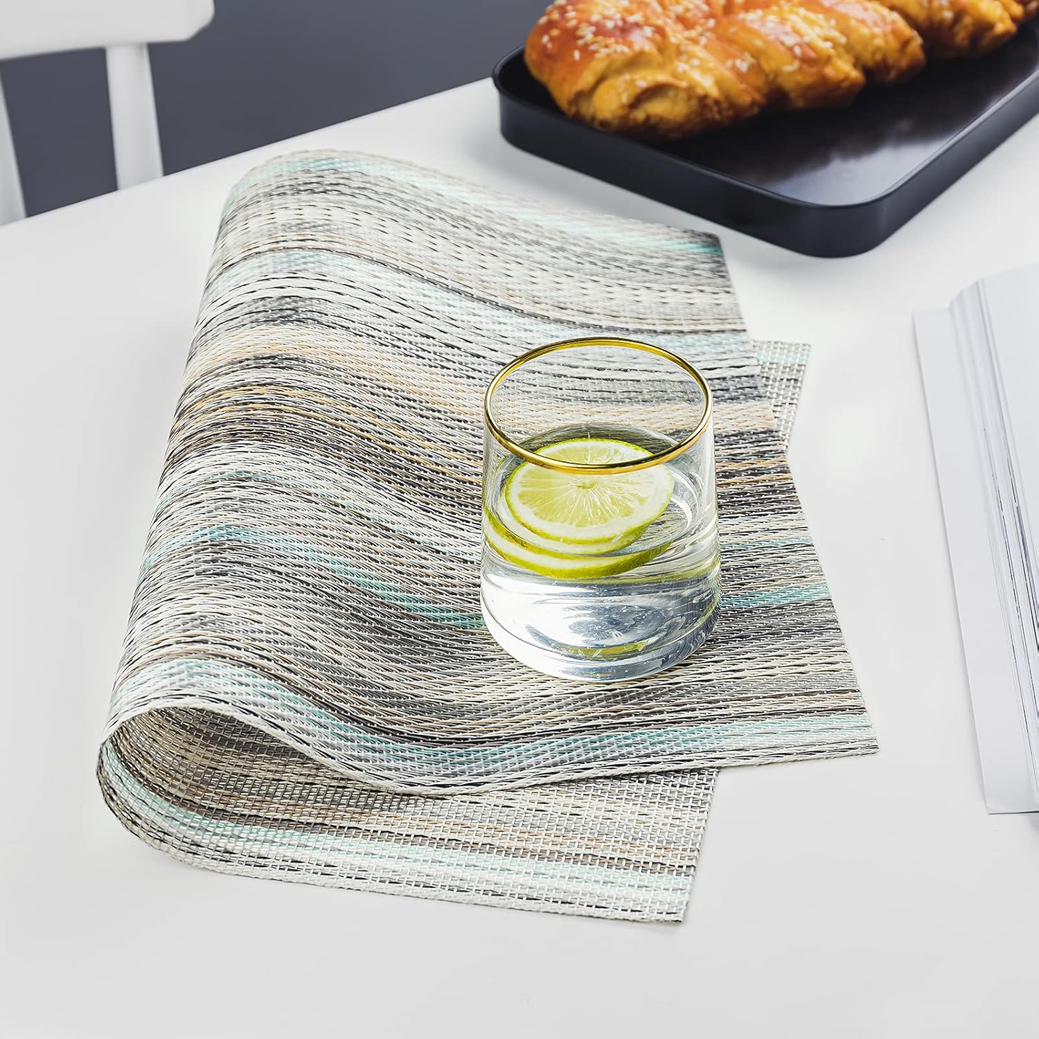 Placemats, Placemats for Dining Table Set of 8 Waterproof, Woven Place Mats for Kitchen Table Vinyl Heat Insulation Stain Resistant Placemats (Set of 8, Blue Stripes): Kitchen & Dining