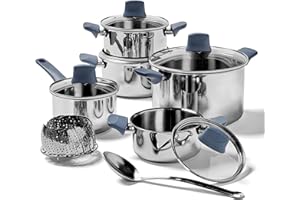 T-FAL Essentials Stainless Steel Cookware Set 12 Piece, Induction Compatible, Oven Safe 350F, Cooking Set w/Stewpots, Stockpo