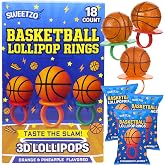 3D Basketball Lollipop Rings, Individually Wrapped Candy with To/From Section, Sports Party Favors, 18 Count