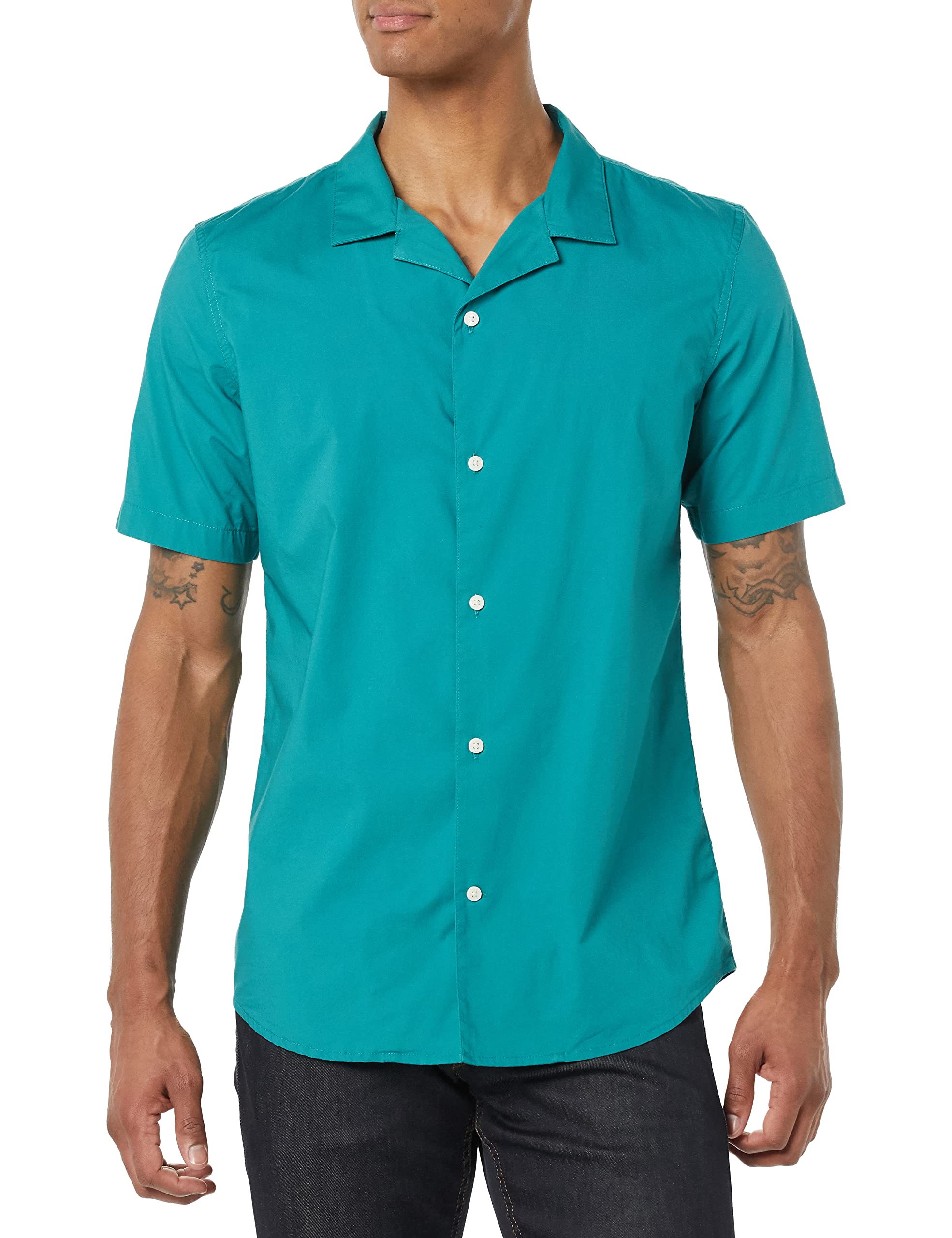Photo 1 of Amazon Essentials Men's Vacation Cotton Resort Shirt, Slim-Fit Short Sleeve, Teal Blue, Large