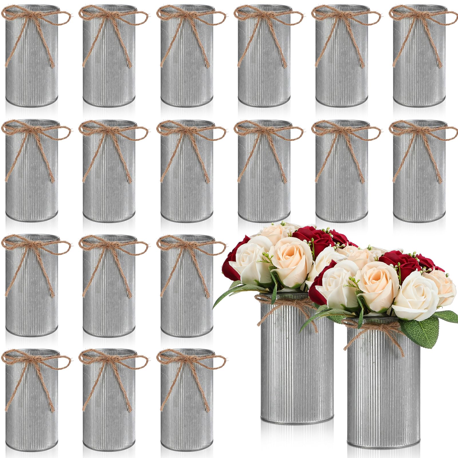 Photo 1 of Domensi 5.91 in High Farmhouse Vase Decor Galvanized Metal Flower Vase with Twine Bow Vintage Rustic Tin Flower Buckets for Artificial Floral Table Container DIY(Iron Color,16 Pcs)
