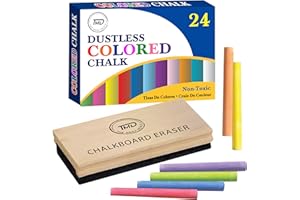 The Mega Deals Chalkboard Colored Chalk, Thin Colored Chalk for Chalkboard 24 Pack with 1 Felt Eraser, Dustless Chalks for Kids Great for School, Office and Home Use