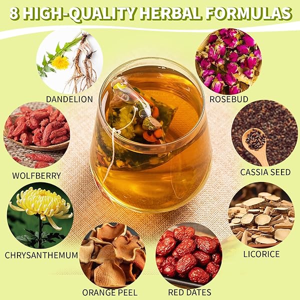 FANGKIC 30 PACKS ORGANIC DANDELION ROOT TEA BAG, 8 HERBAL DANDELION WOLFBERRY TEA OF DANDELION, GOJI BERRY, JUJUBE DATES, ROSE, LICORICE, CHRYSANTHEMUM 8.5OZ(240G)