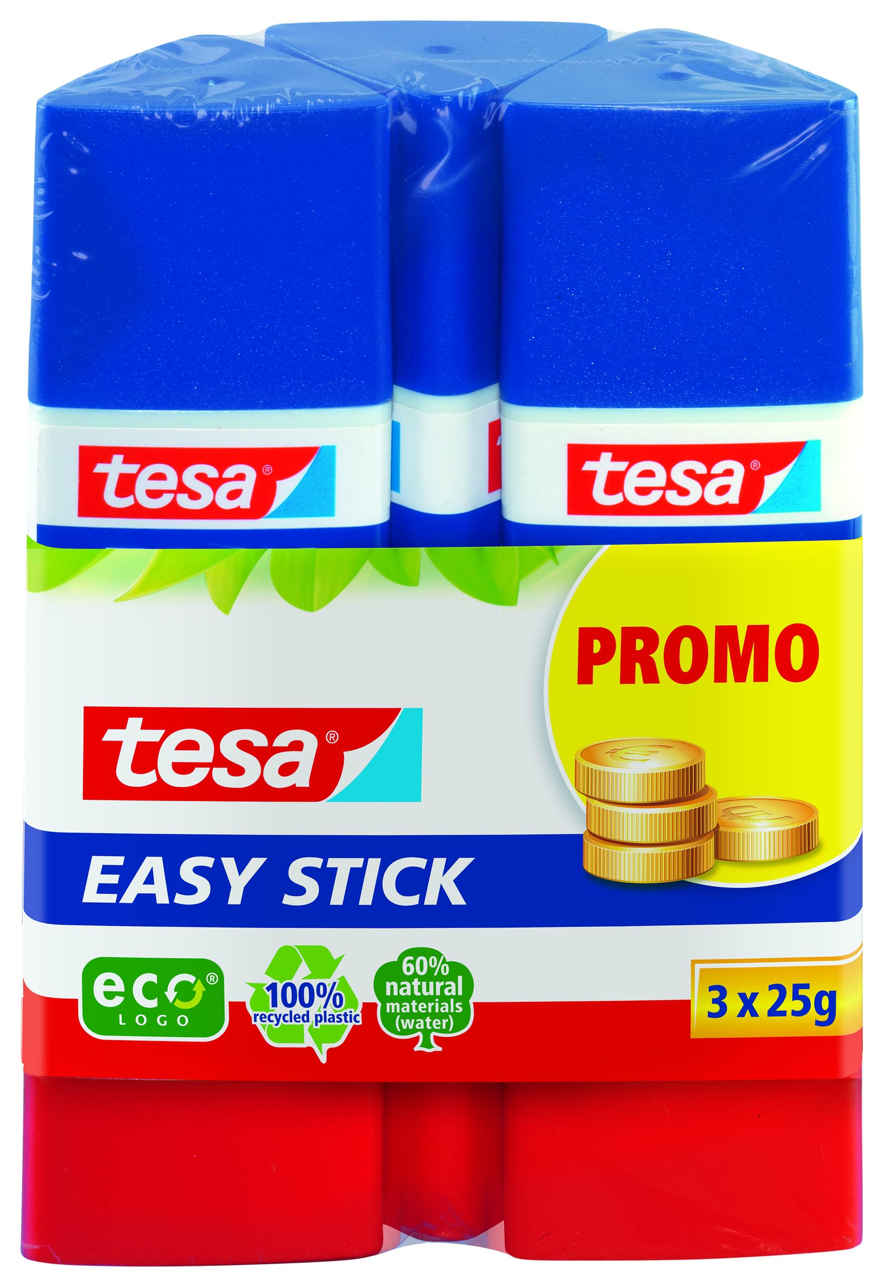 tesa Easy Stick - Odourless Craft Triangular Glue Stick for Paper and Cardboard - Solvent-Free and Environmentally Friendly - 3 x 25 g