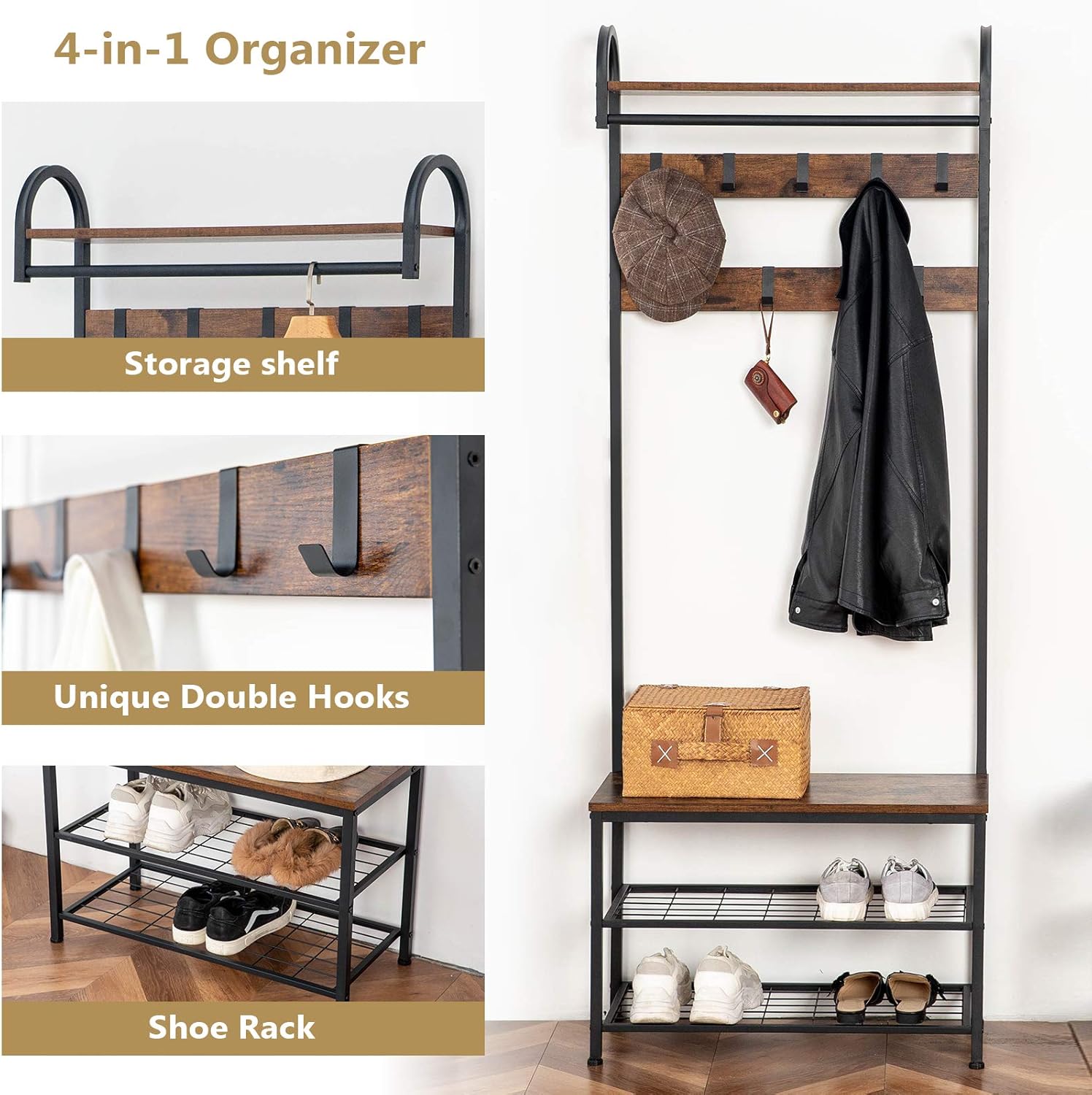 HOOBRO Coat Rack Shoe Bench, Industrial Hall Tree with Storage Shelf, Entryway Storage Organizer, 4 in 1 Design, Accent Furniture with Metal Frame, Easy Assembly, Rustic Brown BF13MT01: Home Improvement