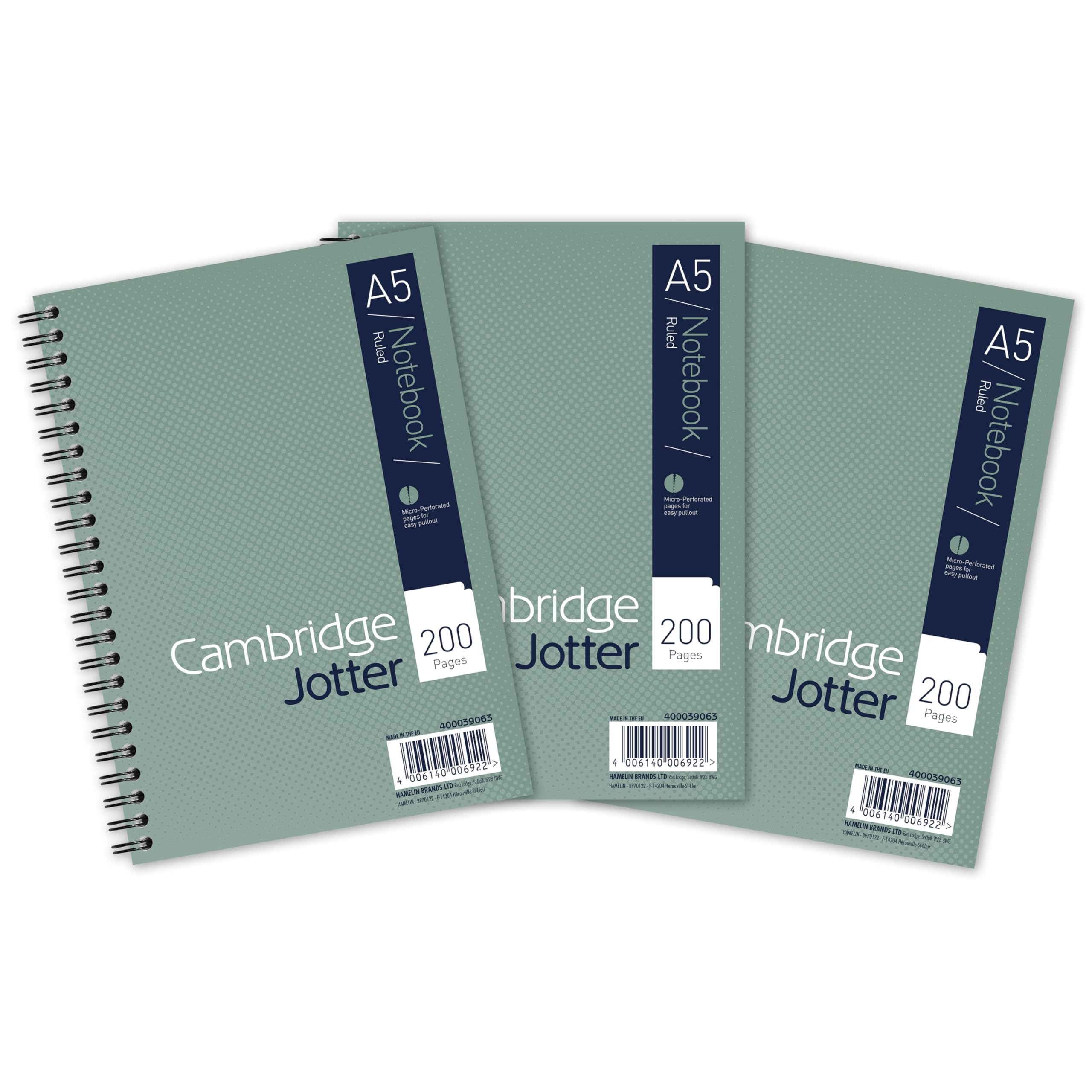 Cambridge Jotter A5 Notebook, Wirebound, 8 mm Lined with Margin, 200 Pages, 80GSM, Pack of 3 Notepads, Perforated Edges