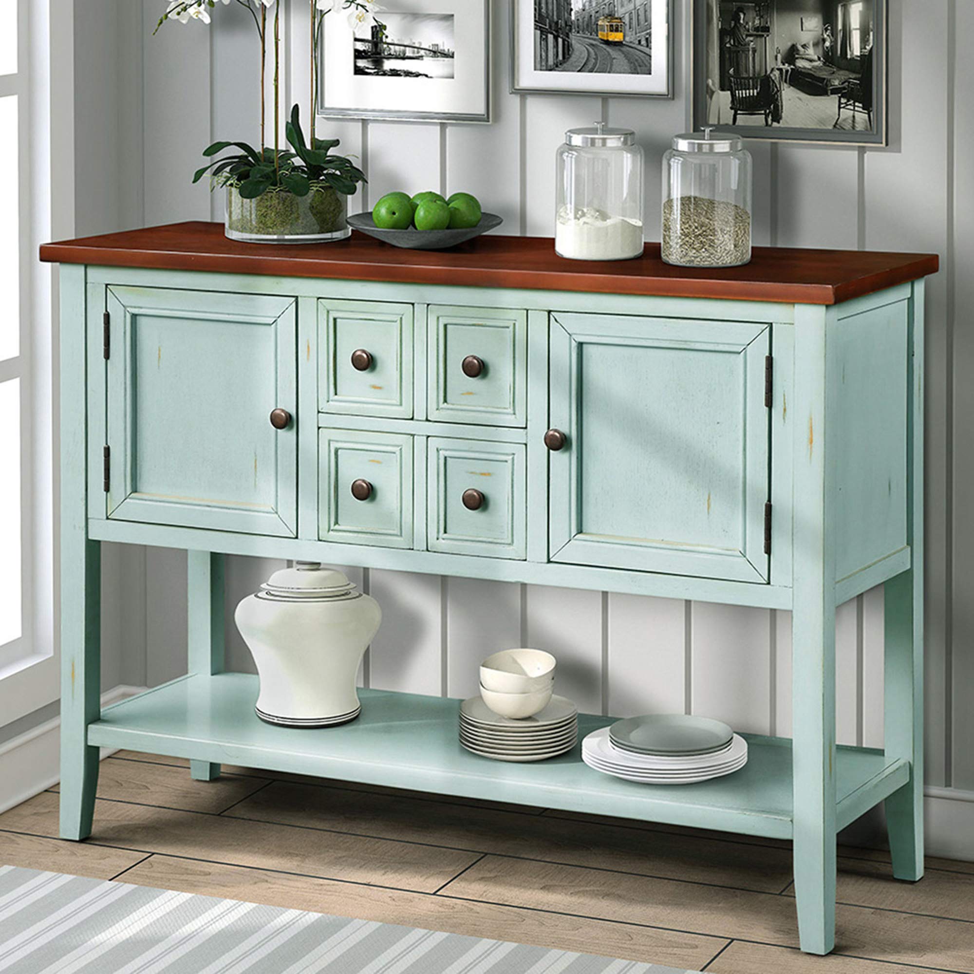 P Purlove Console Table Buffet Sideboard Sofa Table With Storage Drawers Cabinets And Bottom Shelf Antique Blue Buy Online In India At Desertcart In Productid 206859601 Sofa Table Or Buffet Table