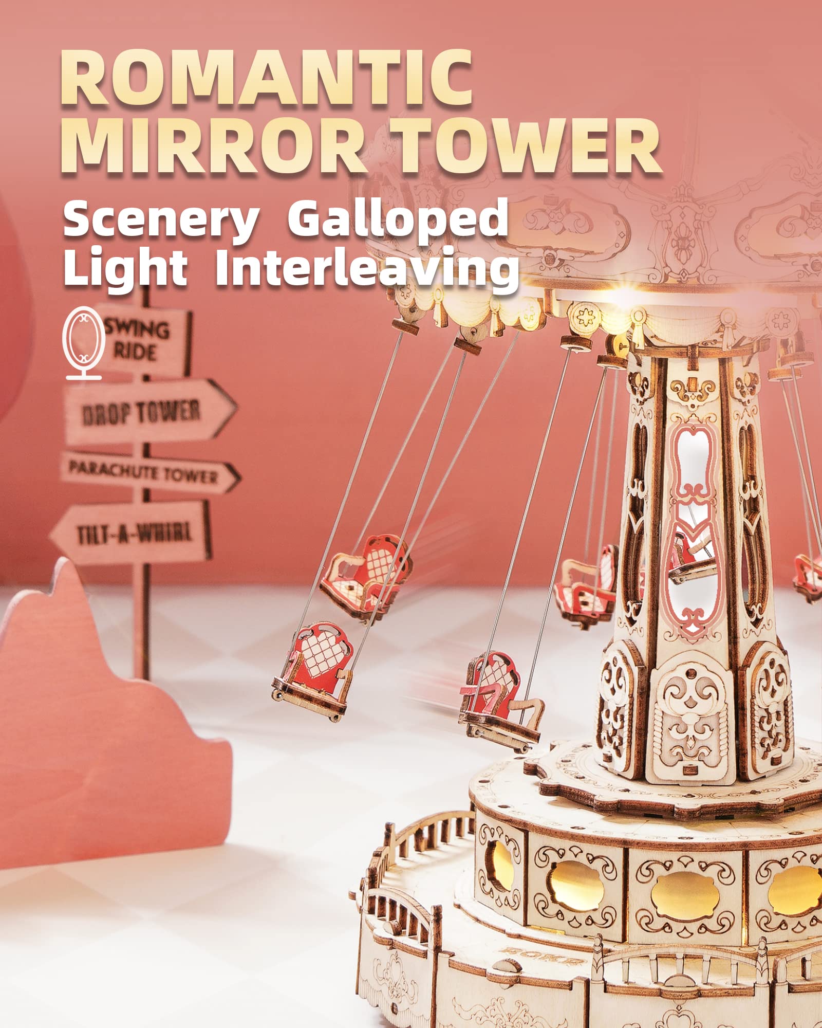 ROKR 3D Puzzles for Adults-Projects for Teens-LED Swing Ride Model Building Kit-Music Box DIY Kit-Gift for Teens and Adults