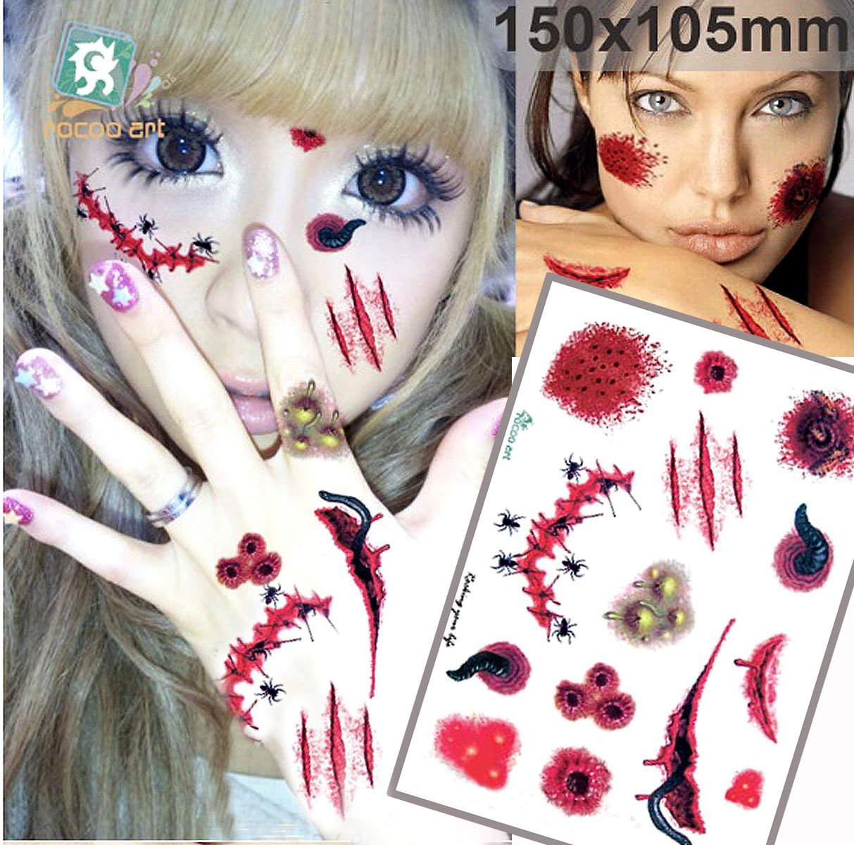 Horror Realistic Scar Tattoo Temporary Waterproof Sticker 8PCS Fake Bloody Wound Scar Scab Stitch Halloween Cos Play Prank Makeup Props