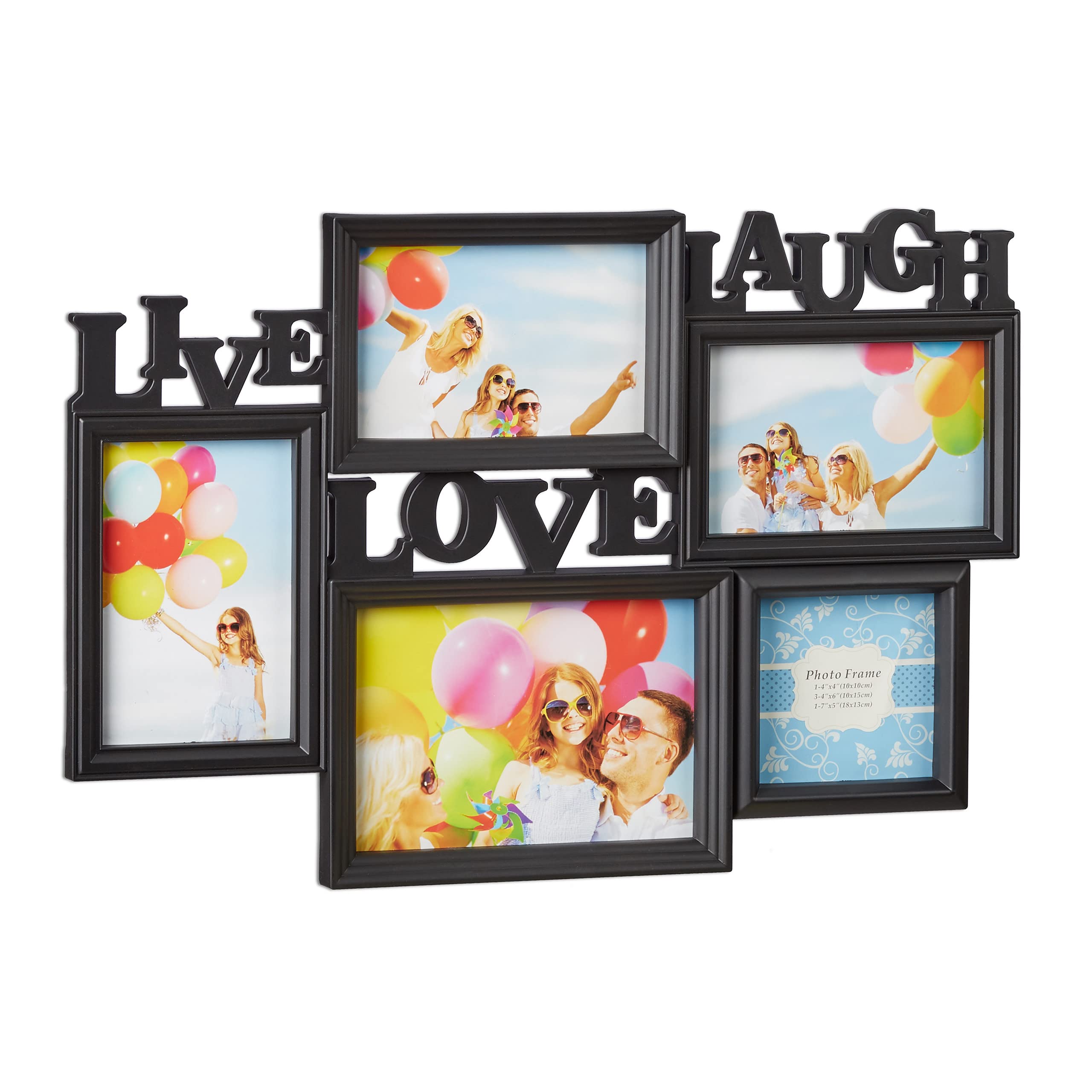 Relaxdays Picture Frame Live Love Laugh, Hanging Gallery for 5 Photos in Various Sizes, 3D Collage, 31x45.5, Black