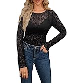 Diosun Womens Lace Floral Tops Long Sleeve Mesh Round Neck Sexy See Through Shirts Floral Blouses Top