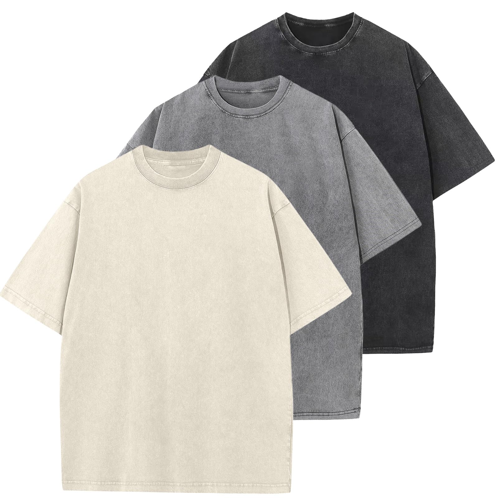 Photo 1 of 3 Pcs Oversized Heavy Cotton Summer T-Shirts Vintage Unisex Short Sleeves Casual Loose Basic Tops(Beige+Black+Grey 2XL)