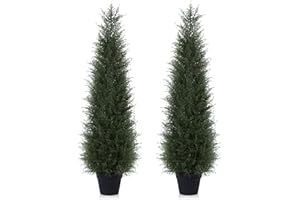 PISKOAN Artificial Cedar Topiary Tree for Outdoor,4FT Tall Faux Cedar Pine Trees,Potted Fake Cypress Plant with UV Resistant Leaves for Front Door Decor,Porch,Garden,Entryway, Set of 2