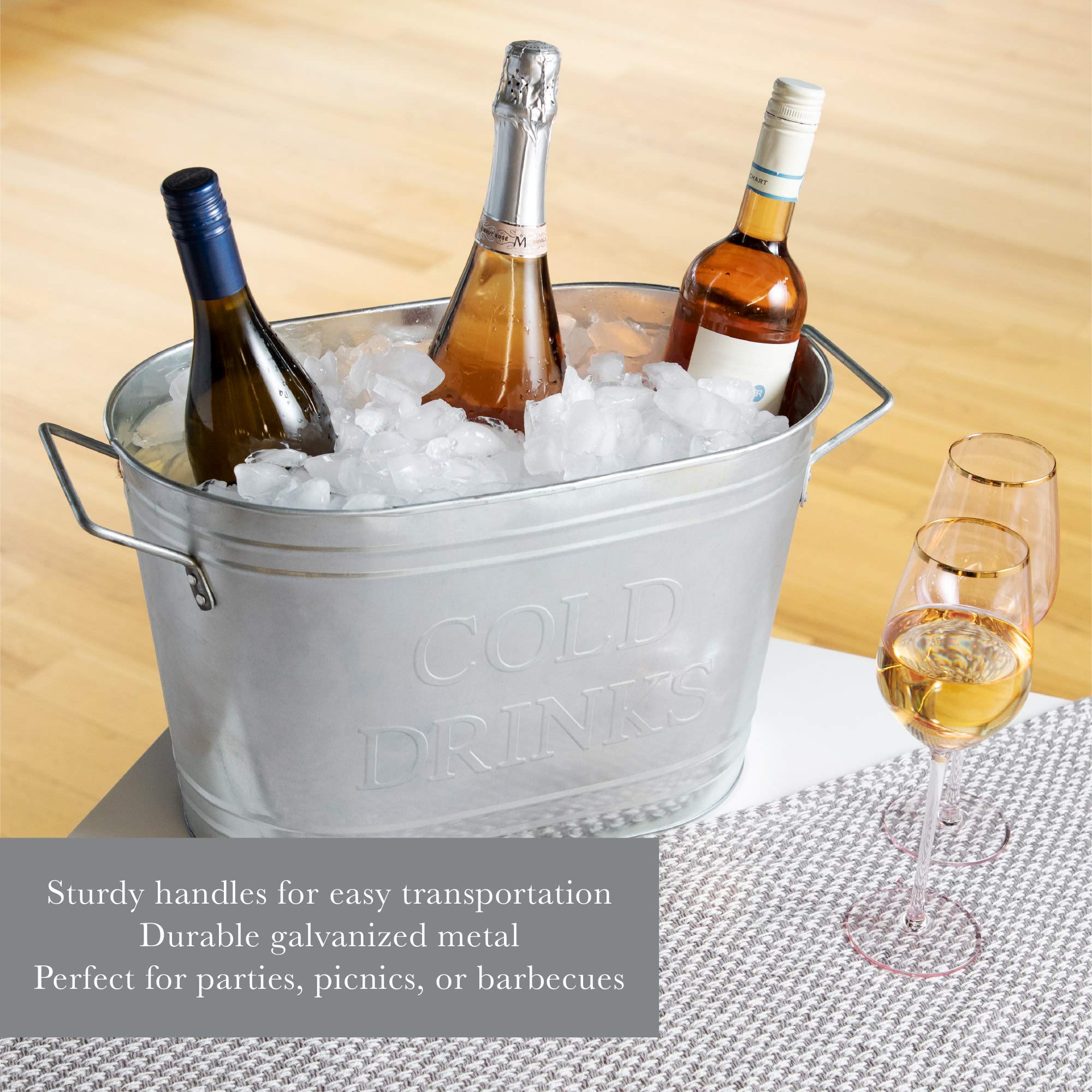 Twine Insulated Drink Galvanized Bucket, Beer and Beverage Tub, Metal Bucket, Ice Buckets for Parties, Holds 5.35 Gallons, Silver