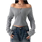 OYOANGLE Women's Off Shoulder Y2k T Shirt Long Sleeve Cropped Tee Going Out Coquette Tops