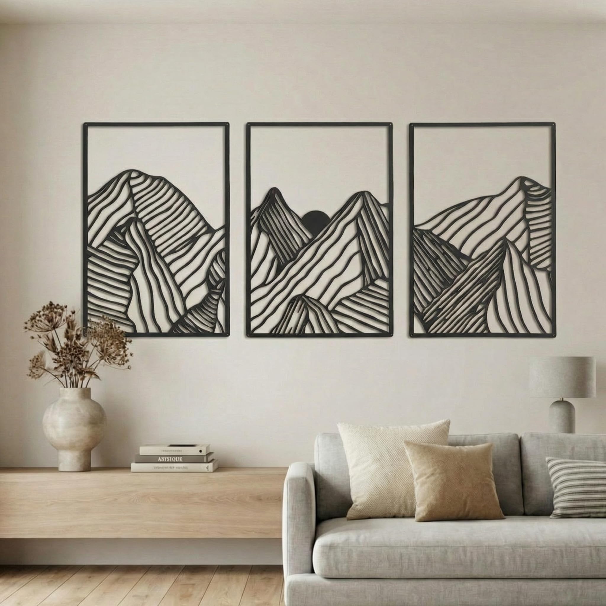 Peryiter 3 Pcs Mountain Metal Wall Art Mountain Line Wall Decor Abstract Minimalist Wall Art Rustic Nature Wall Decor for Home Bathroom Living Room (Black)