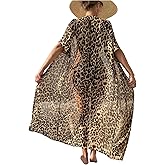 WDIRARA Women's Leopard Print Open Front Long Kimono Swimsuit Cover Up Sheer Beach Bathing Suit Coverups