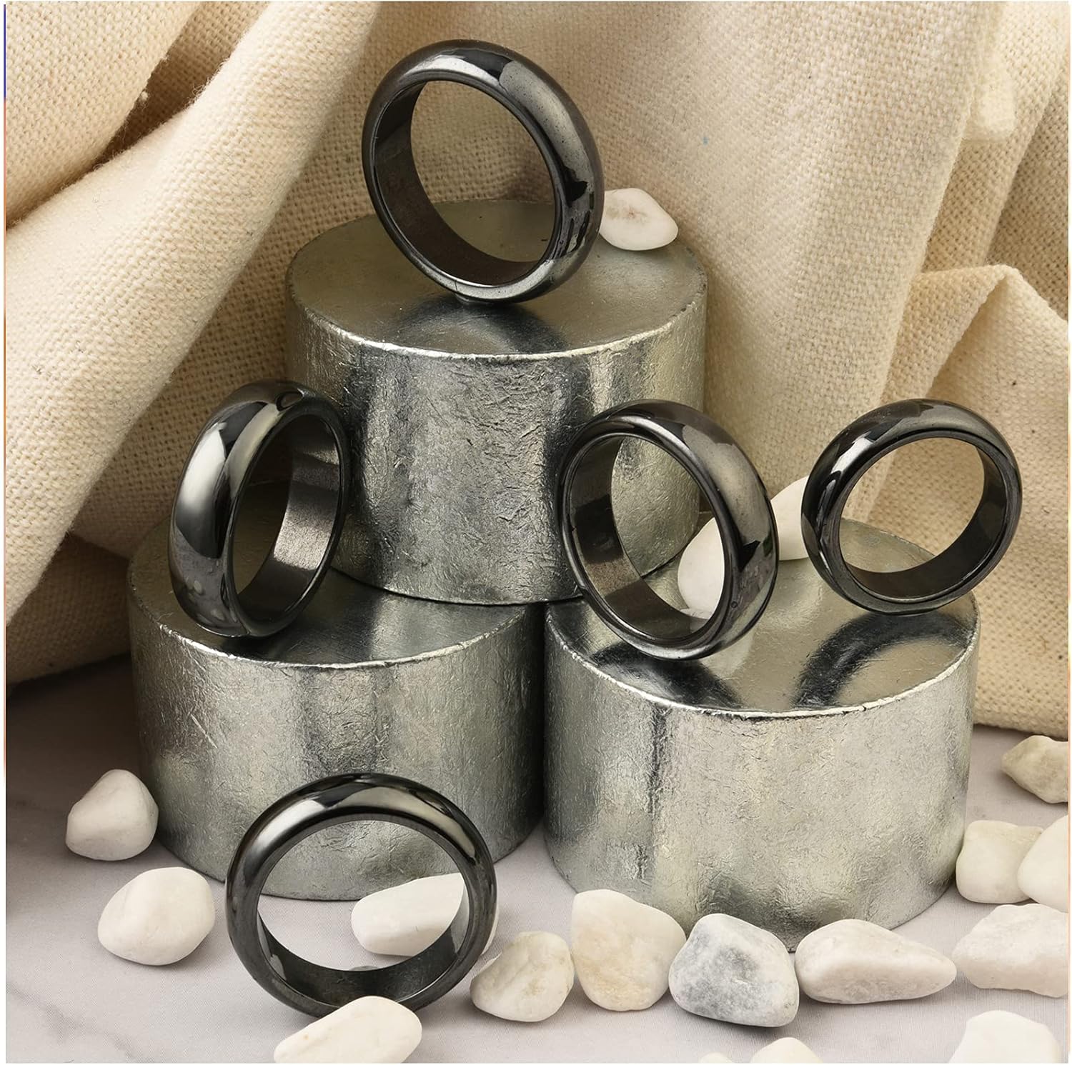 5Pcs Hematite Magnetic Plain Band Rings, Break with Negative Energy, Genuine Hematite Ring for Women Men Benefit to Anxiety Balance Assorted Size 6-10: Clothing
