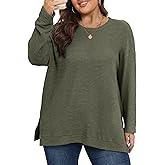 KARALIN Womens Plus Size Tops Fall CrewNeck Waffle Knit Long Sleeve Shirts Side Slits Oversized Sweater Pullover