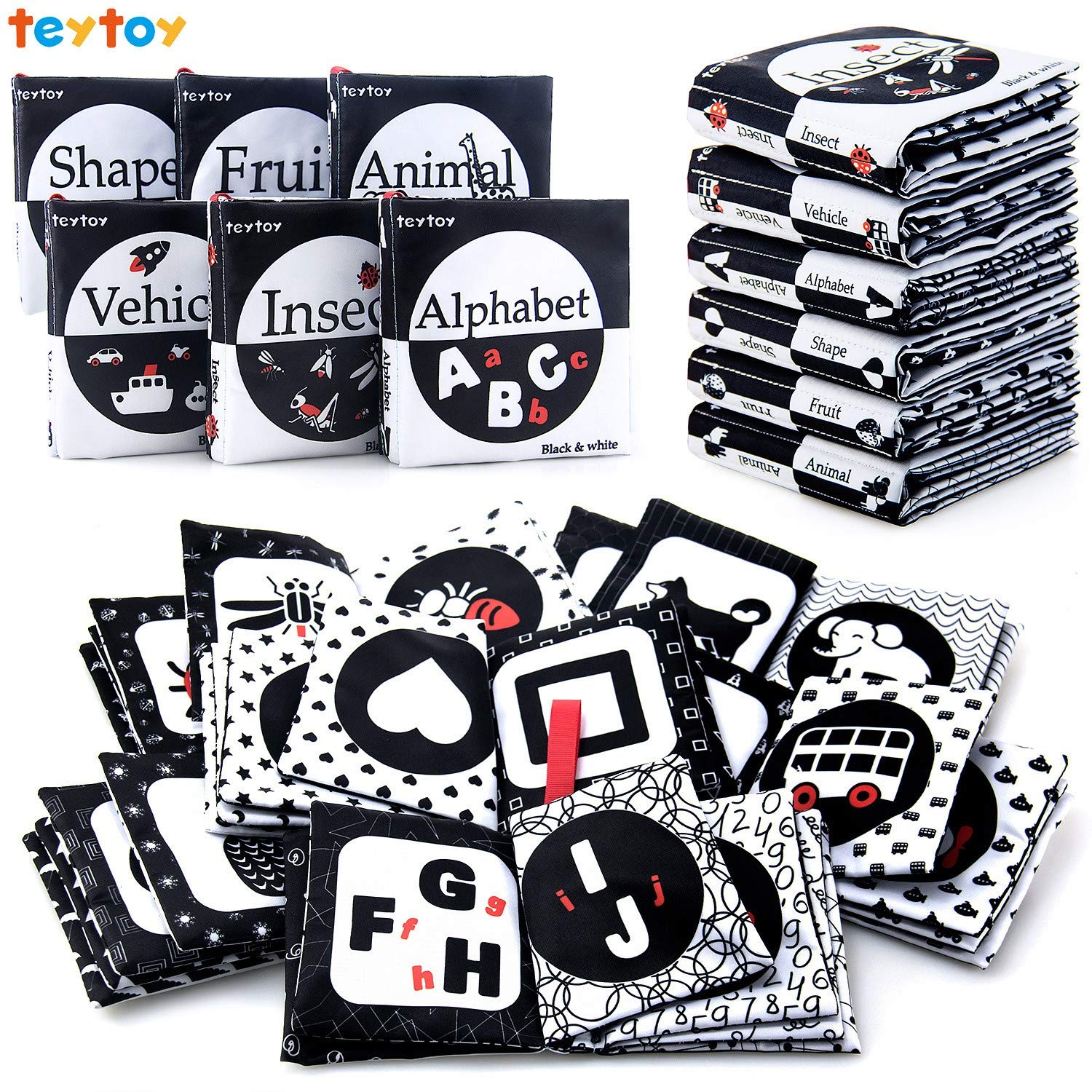 teytoy Black and White Baby Book Baby Sensory Toys High Contrast Sensory Books First Book Newborn Toys Early Educational Baby Books 0-6 Months Newborn Baby Gifts, 6 pcs