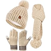 Kids Winter Hat Gloves Scarf Set, Girls Boys Toddler Winter Hat Beanie Pom Knitted Scarves Mittens Fleece Lined Age 5-12
