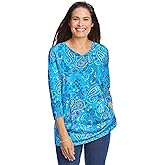 Woman Within Plus Size Perfect Printed Three-Quarter Sleeve V-Neck Tee