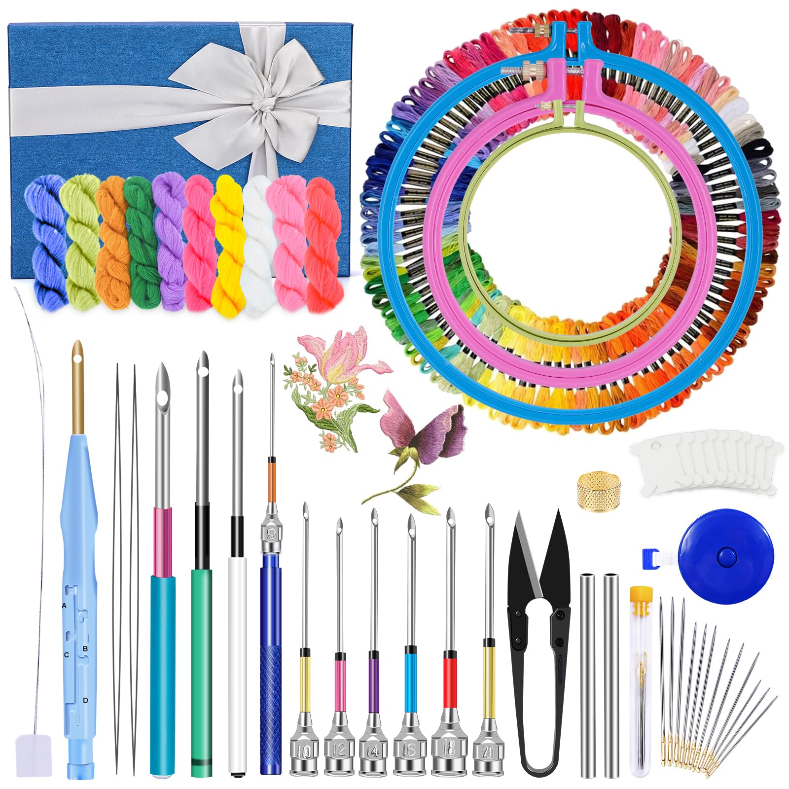 JUPEAN Punch Needle Embroidery Kits, 156 Pcs Punch Needle Tool, 110 Pcs Embroidery Thread and Hoops, Punch Needles Kit for Beginners