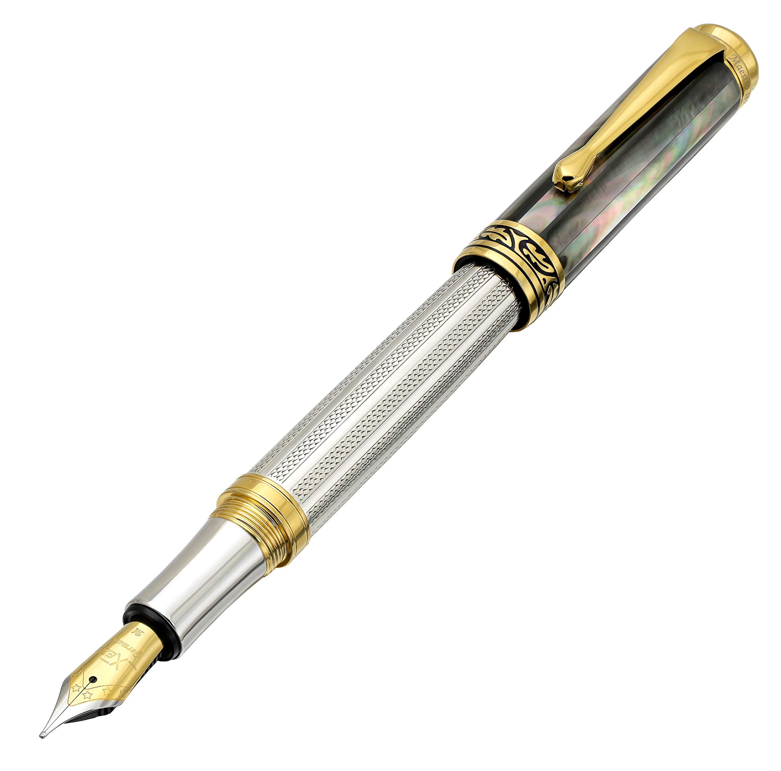 Xezo Maestro Fountain Pen, Medium Nib. 925 Sterling Silver with Tahitian Black Mother of Pearl and 18 Karat Gold Plating. Handcrafted, Limited Edition, Serialized