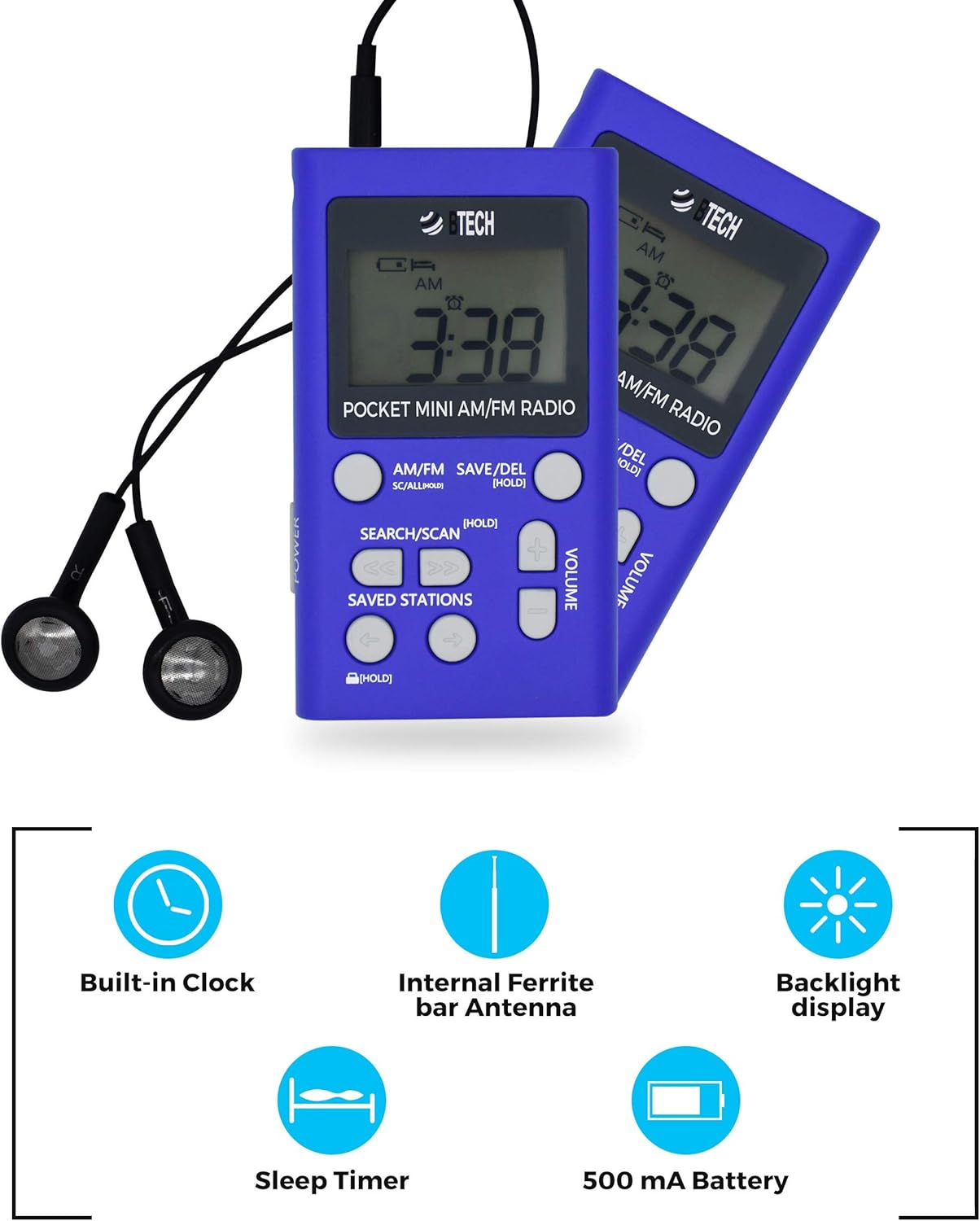 BTECH MPR-AF1 AM FM Personal Radio with Two Types of Stereo Headphones, Clock, Great Reception and Long Battery Life, Mini Pocket Walkman Radio with Headphones (Blue): Electronics