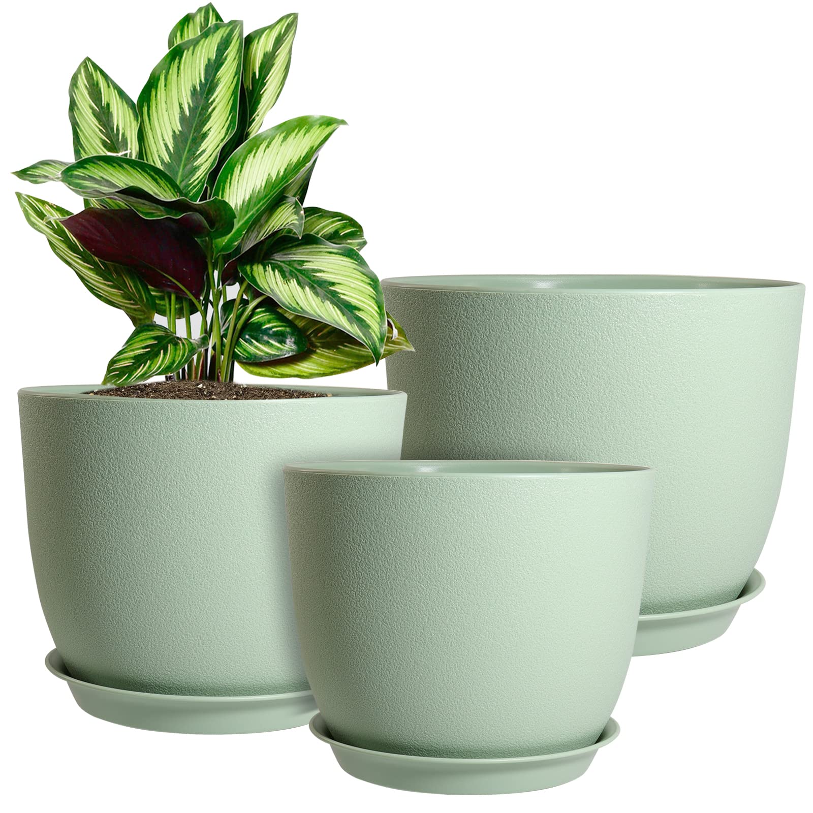 Photo 1 of WOUSIWER Plant Pots 10/9/8 inch, Set of 3 Modern Decorative Plastic Planters with Drainage Holes and Saucers for House Plants Indoor Flowers Plants, Green