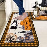 OUXIOAZ Halloweeen Buffalo Plaid Pumpkin Kitchen Rugs and Mats Set of 2, Castle Cat Bat Boo Halloween Farmhouse Party Floor Mat for Home Kitchen Decorations 17