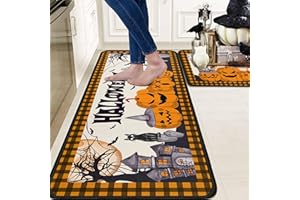 OUXIOAZ Halloweeen Buffalo Plaid Pumpkin Kitchen Rugs and Mats Set of 2, Castle Cat Bat Boo Halloween Farmhouse Party Floor Mat for Home Kitchen Decorations 17"x47"+17"x30"