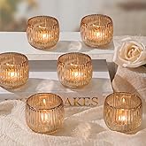 Set of 6 Ribbed Glass Votive Candle Holders, Gold Glass Tealight Holders for Taper Candles - Elegant Table Centerpieces for Weddings, Christmas, Parties, and Home Decor