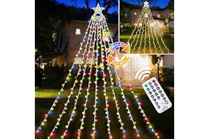 LORRYTE Color Changing Christmas Decorations Outdoor Yard Tree Lights (Multicolor to Warm White), Larger Size 350 LED Christmas Lights Outdoor Waterfall Lights with 14" Topper Star & Remote & 11 Modes
