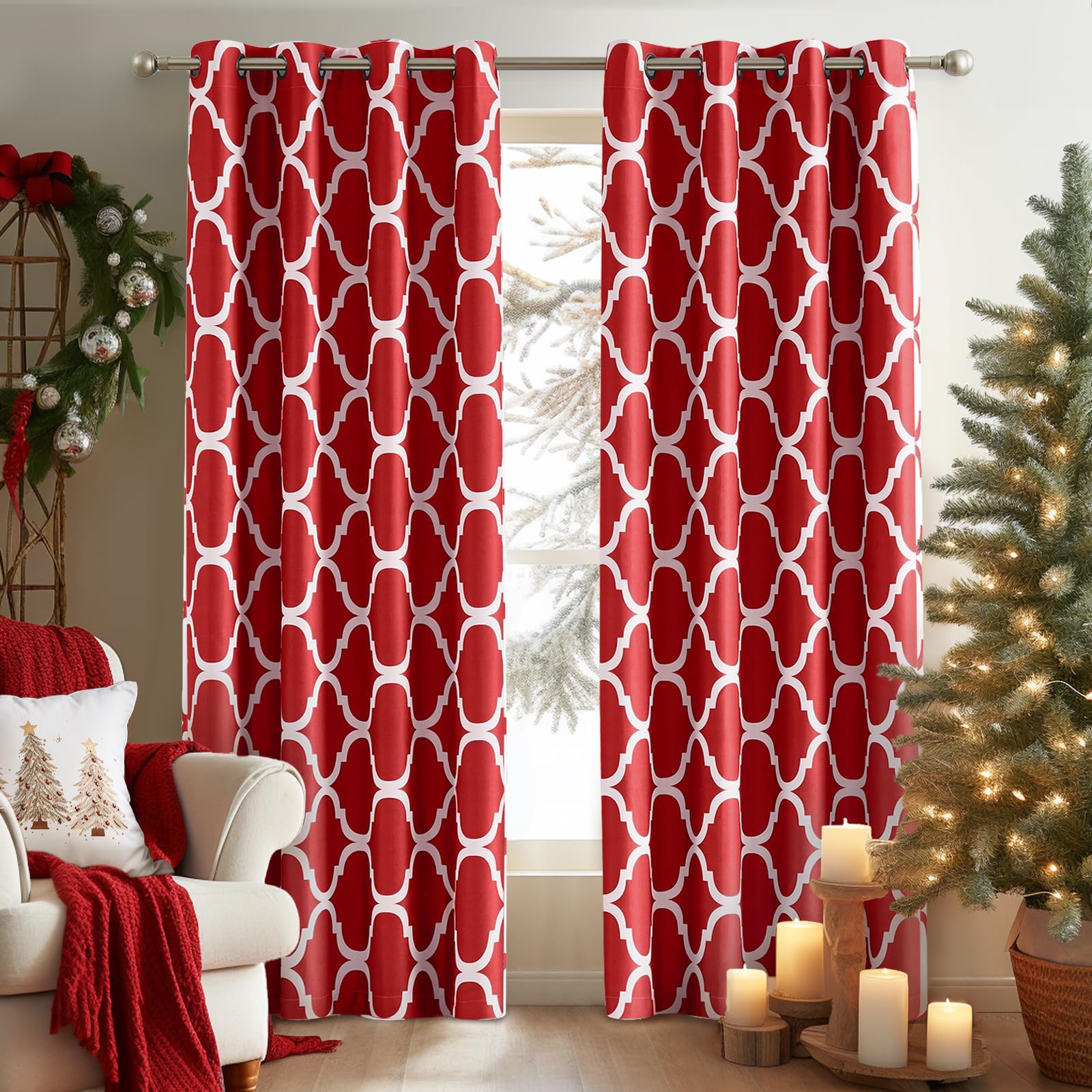 Melodieux Moroccan Printed Room Darkening Blackout Grommet Curtains for Living Room Bedroom, 52 by 72 Inch, Red (2 Panels)