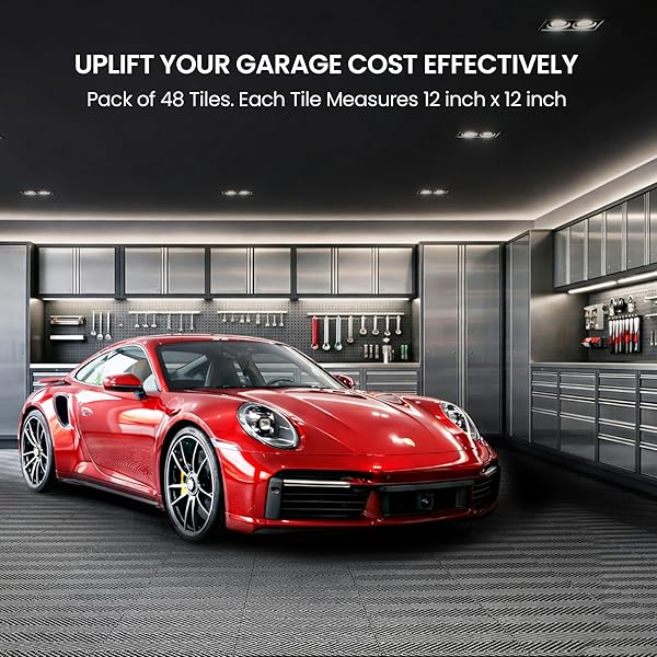 GARAGE FLOOR TILES INTERLOCKING GARAGE FLOORING TILES PACK OF 48 ANTISLIP OIL AND STAIN RESISTANT FOR GARAGES SHOP FLOORS BASEMENTS 40000 LBS LOAD CAPACITY (BLACK, 10 INCH X 10 INCH, NON DRAIN TILES)