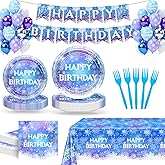 Lecheme Frozen Birthday Decorations 194 Pcs Winter Wonderland Birthday Decorations Banner Snowflake Plates Napkins Tablecloth Tableware Set Frozen Winter Party Supplies Serve 24