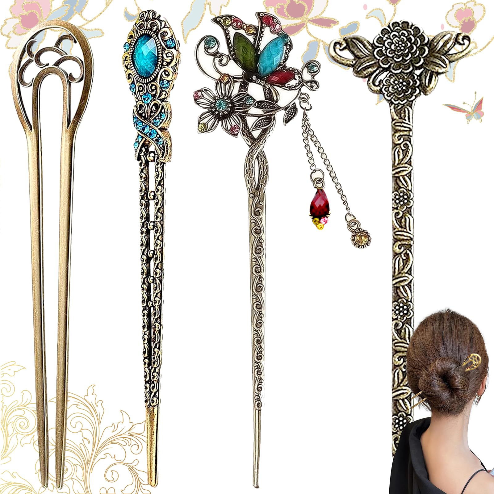 4 Pieces Hair Chopsticks Chinese Women Hair Sticks Antique Bronze Hair Sticks for Anniversary Parties and Theatre Shows of Hair Decoration