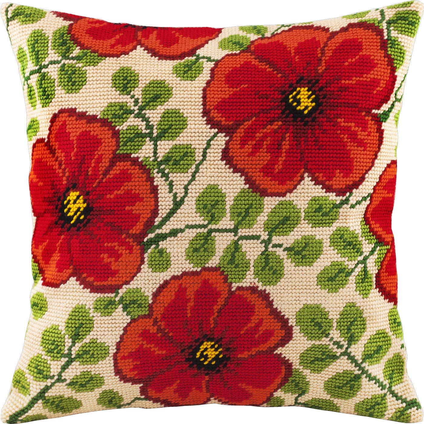 Brvsk Red Flowers. Stamped Cross-Stitch Kit w/Printed Tapestry Canvas (40 × 40 cm) — Stamped Cross-Stitch Cushion Kit for Creative Home Décor — Needlework Kit for Adult Beginners