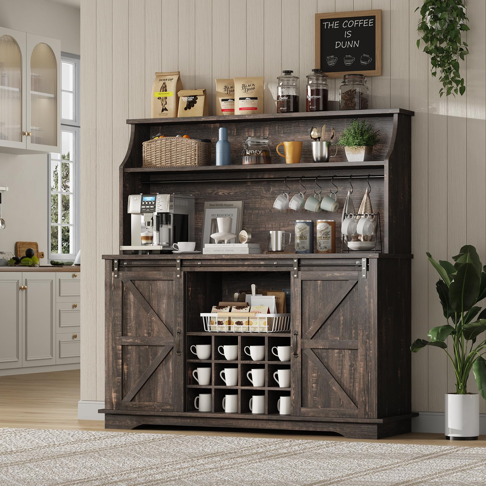 Coffee Hutch Cabinet 47" Farmhouse Coffee Bar With 3-Tier Storage, Kitchen Hutch Coffee Hutch Cabinet With Storage