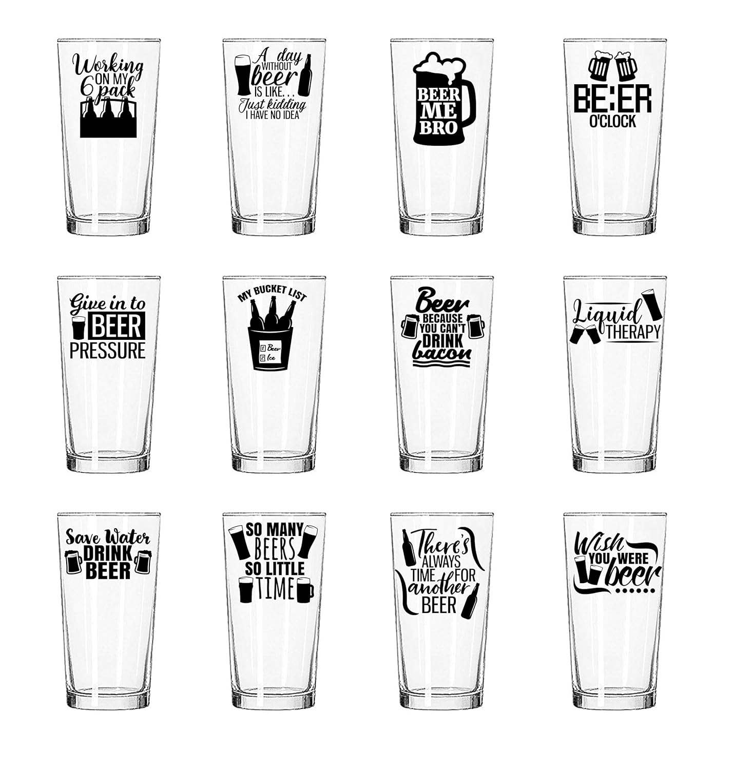 FUN PARTY GLASSES, SET OF 12 LARGE 20oz BEER GLASSES WITH