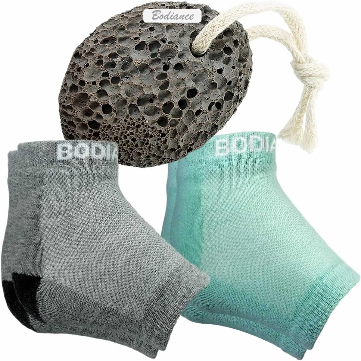 Dead Skin Remover for Feet Kit - Natural Lava Foot Pumice Stone and Vented Moisturizing Gel Heel Sleeves, Comfort Fit for Large or Small (2 Pairs, Gray and Aqua Color)