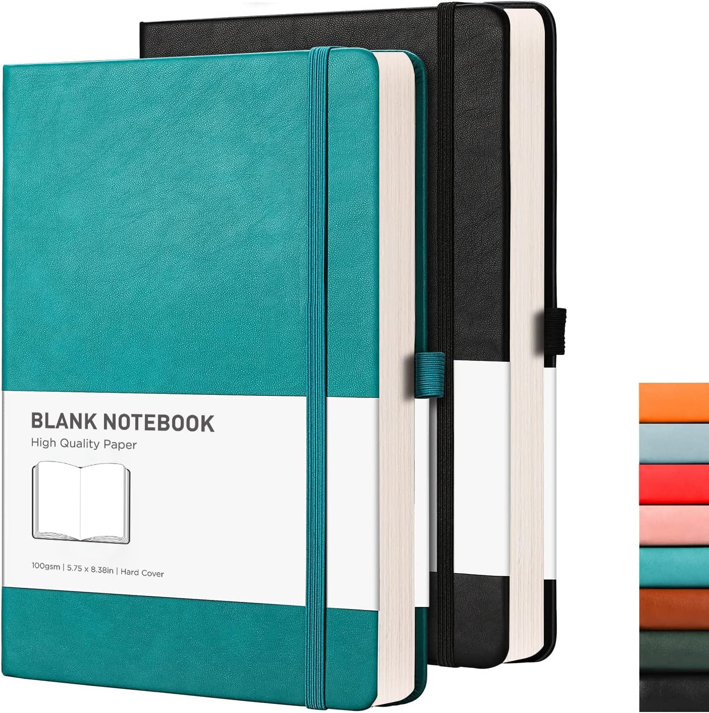 RETTACY Blank Notebook A5 Plain Notebook 2 Pack - 384 Pages Unlined Notebook with 100gsm Blank Paper, Pen Holder, Inner Pocket, for Sketch School Women Men 14.5 x 21cm - Black Cyan