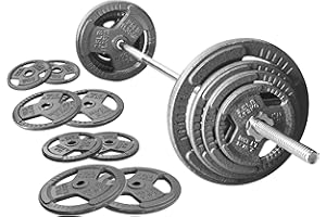 Fitvids Barbell Weight Set, Cast Iron 1" Standard Weight Plates Including 5FT Standard Barbell Bar & Star Locks, 95 Pounds Set (85 Lbs Plates + 10 Lbs Barbell Bar), Multiple Packages