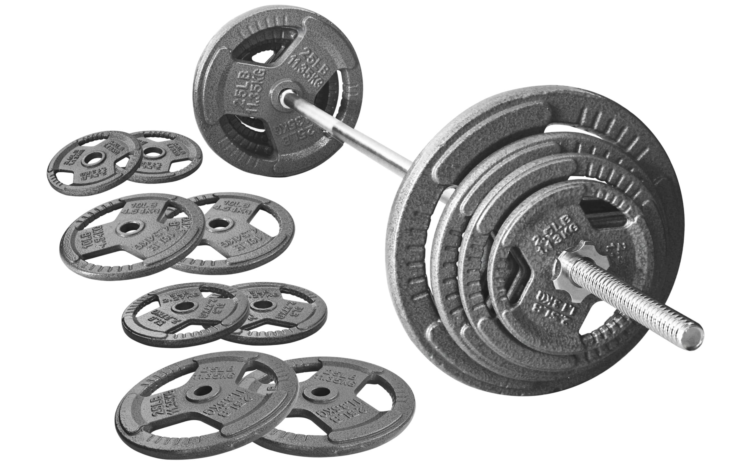 Photo 1 of **SELLING AS PARTIAL SET. WEIGHTS ONLY. SCRAPES**Fitvids 1 Inch Standard Barbell Weight Plates and Bar Set, 5 FT Barbell Bar and 85 LB(2.5-25 LB) Barbell Weight Set for Home Gym Strength Training, Triple-handle Design