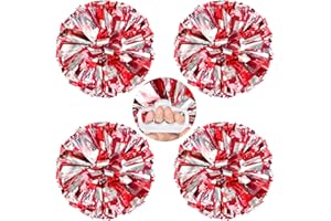 AUHOKY 4 Packs Metallic Cheerleading Cheer Pom Poms, Fluffy Cheerleader Pompoms with Finger-Friendly Ring, Cheering Pom poms for Squad Team Sports Game Dance Dress Party Kids Adults(Red/Silver)